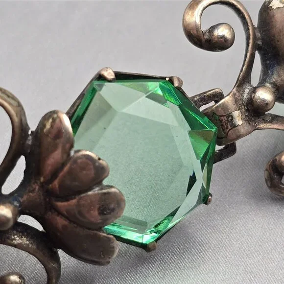 Art Nouveau Sterling Silver Demi-Parure Green Glass Floral Bracelet Earrings - Picture 9 of 16